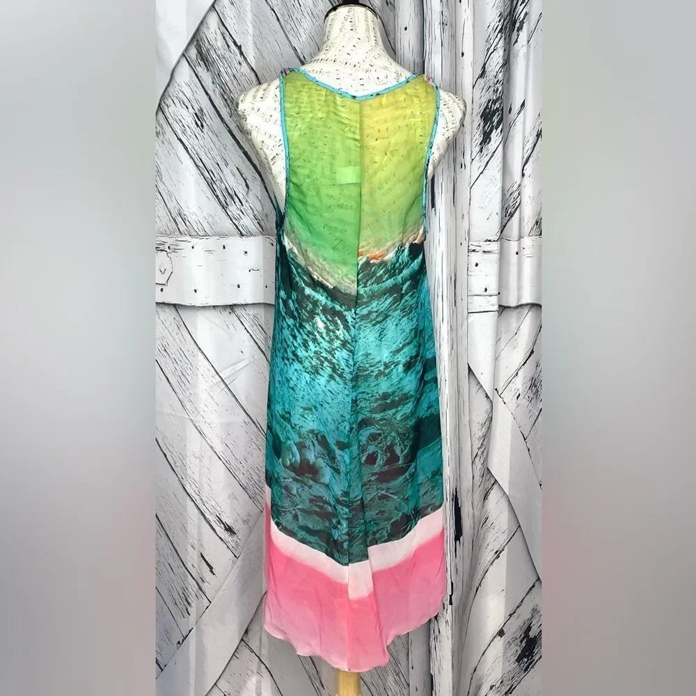 ENTREAGUAS WEARABLE ART GREEN PINK COVERUP DRESS OS